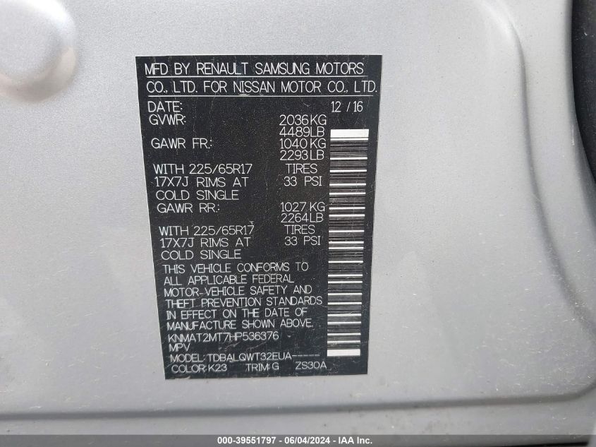 2017 Nissan Rogue Sv VIN: KNMAT2MT7HP536376 Lot: 39551797