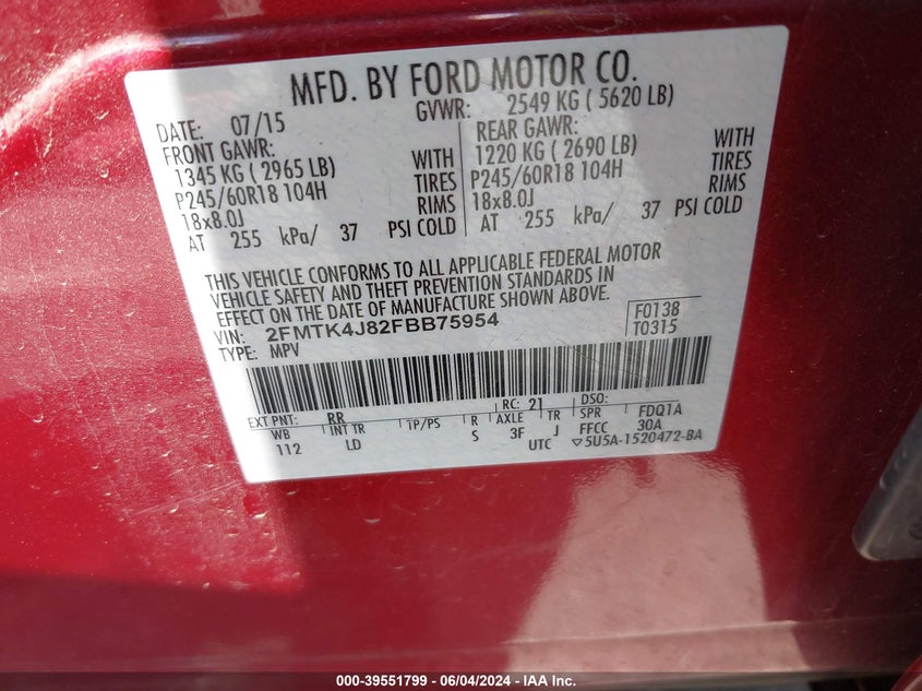 2015 Ford Edge Sel VIN: 2FMTK4J82FBB75954 Lot: 39551799