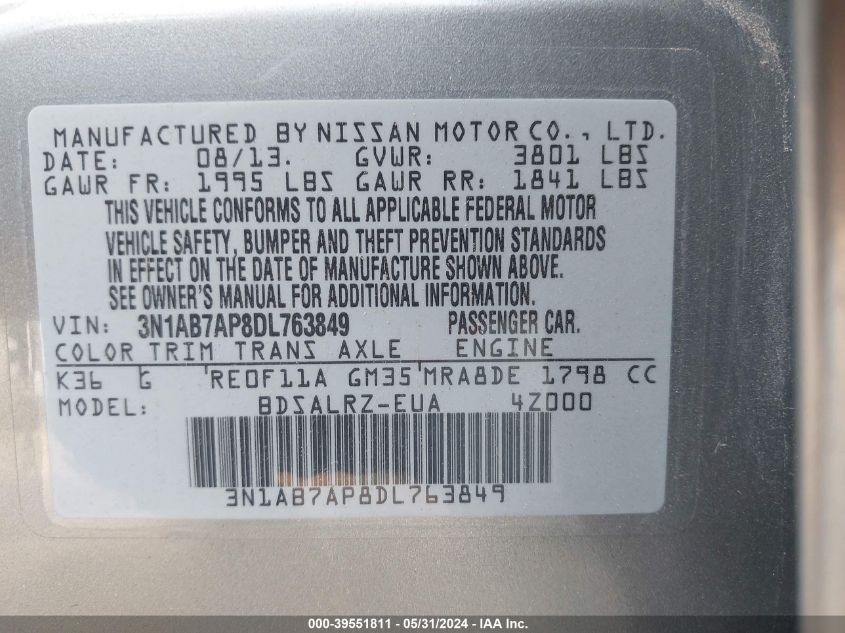 2013 NISSAN SENTRA S/SV/SR/SL - 3N1AB7AP8DL763849