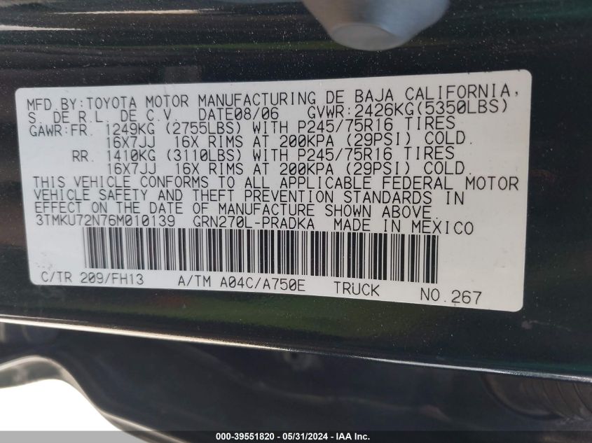 2006 Toyota Tacoma Prerunner V6 VIN: 3TMKU72N76M010139 Lot: 39551820