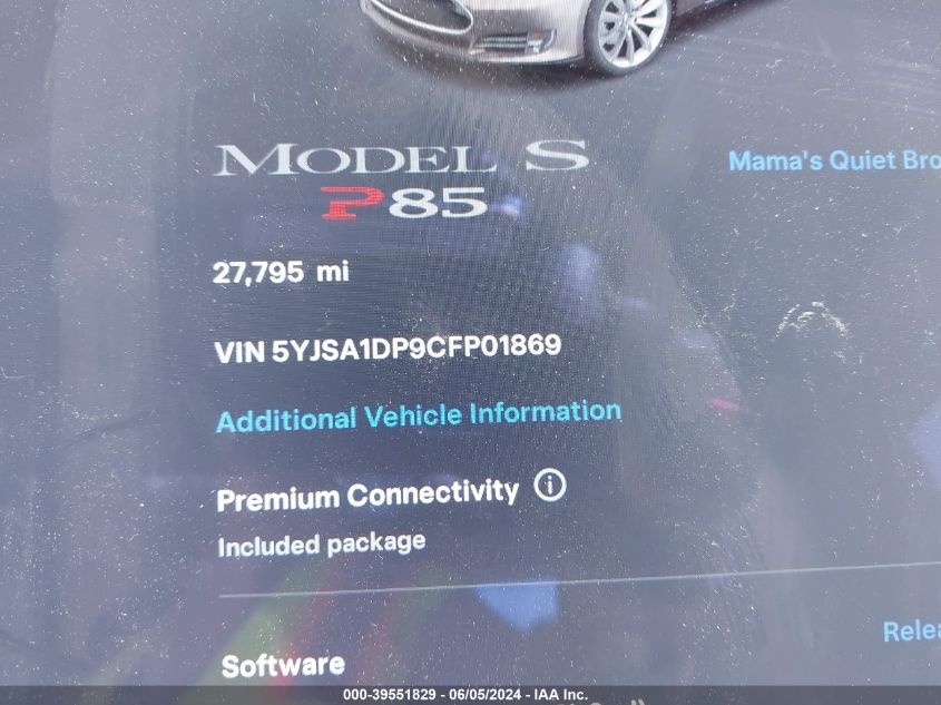 2012 Tesla Model S Performance/Signature Performance VIN: 5YJSA1DP9CFP01869 Lot: 39551829
