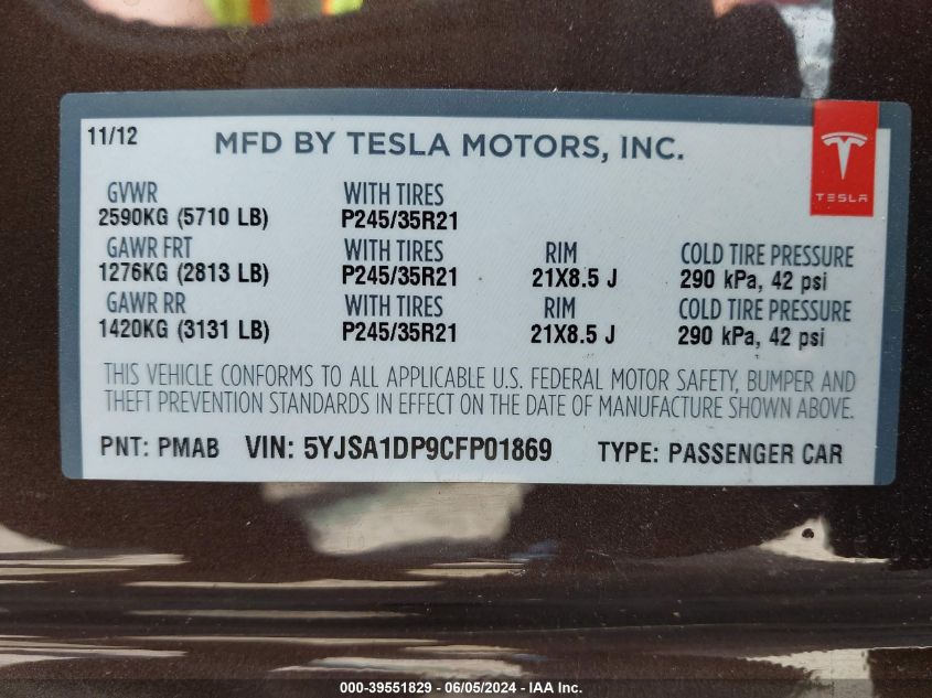 2012 Tesla Model S Performance/Signature Performance VIN: 5YJSA1DP9CFP01869 Lot: 39551829