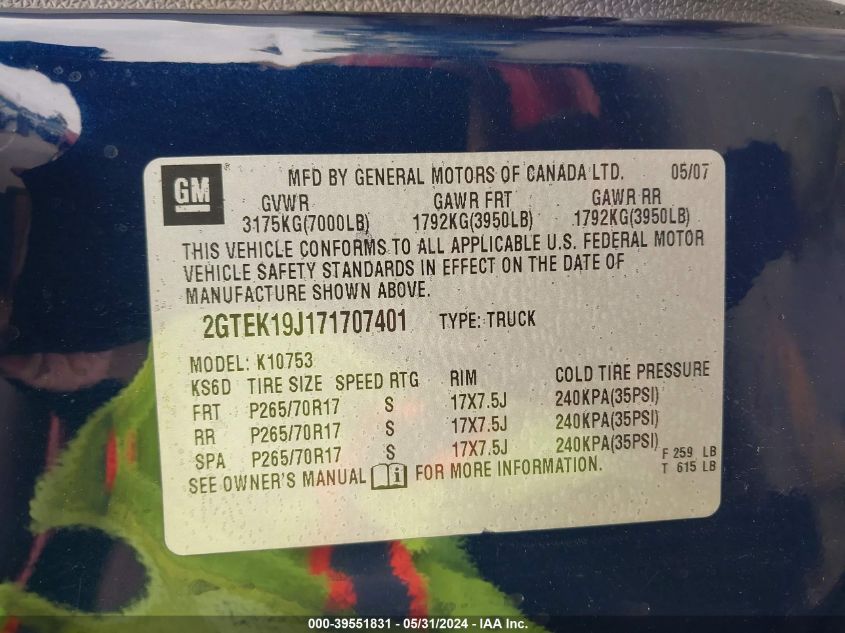 2007 GMC Sierra 1500 Sle1 VIN: 2GTEK19J171707401 Lot: 39551831