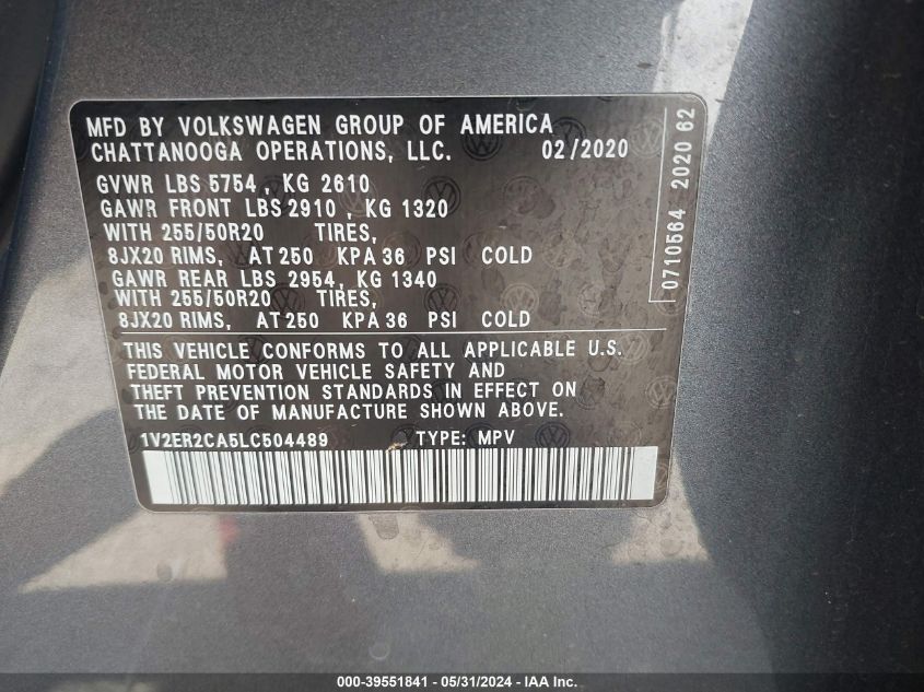 2020 Volkswagen Atlas 3.6L V6 Sel VIN: 1V2ER2CA5LC504489 Lot: 39551841