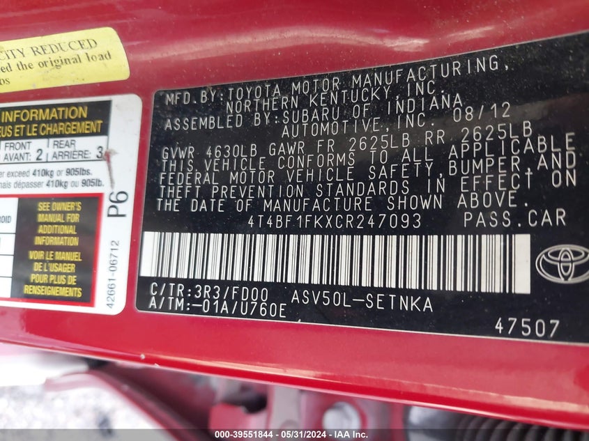 2012 Toyota Camry Le VIN: 4T4BF1FKXCR247093 Lot: 39551844