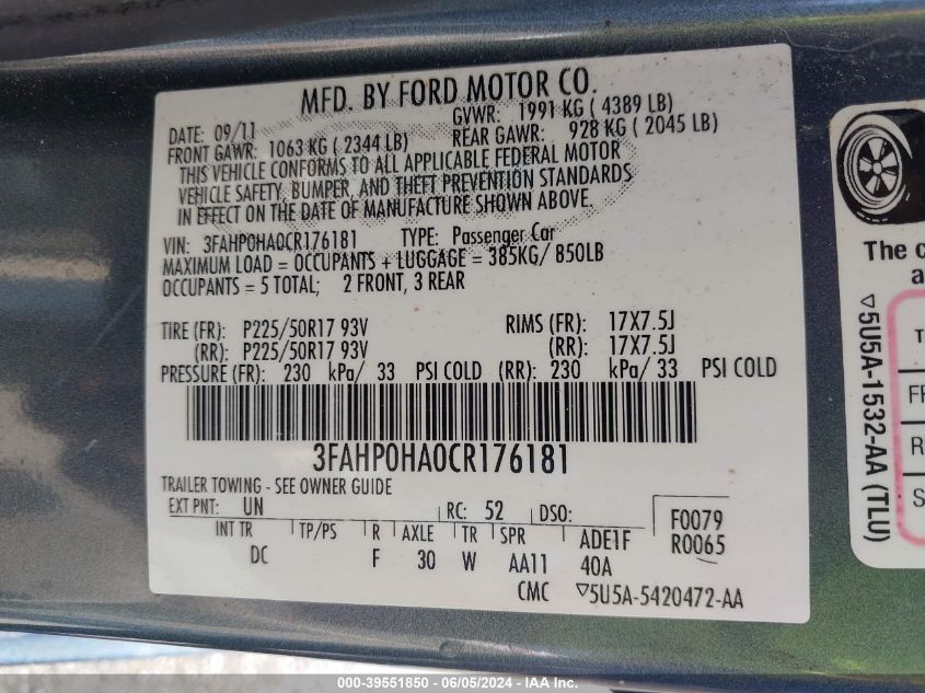 2012 Ford Fusion Se VIN: 3FAHP0HA0CR176181 Lot: 39551850