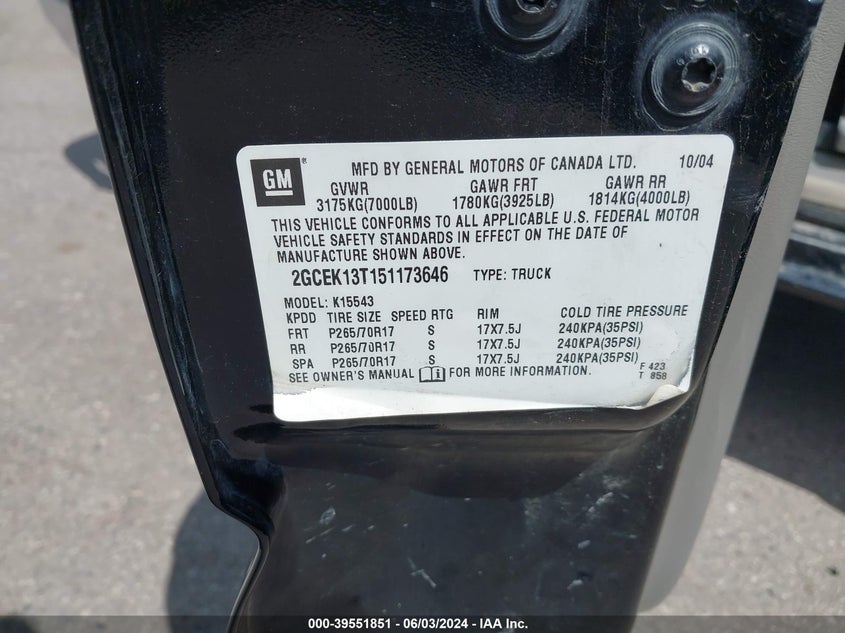 2005 Chevrolet Silverado 1500 Z71 VIN: 2GCEK13T151173646 Lot: 39551851