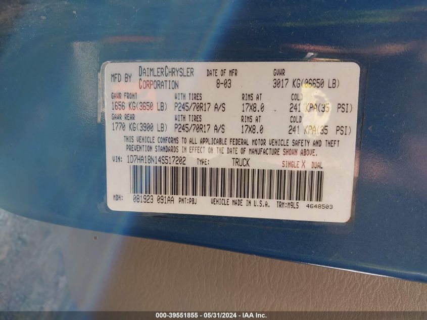 2004 Dodge Ram 1500 Slt/Laramie VIN: 1D7HA18N14S517202 Lot: 39551855