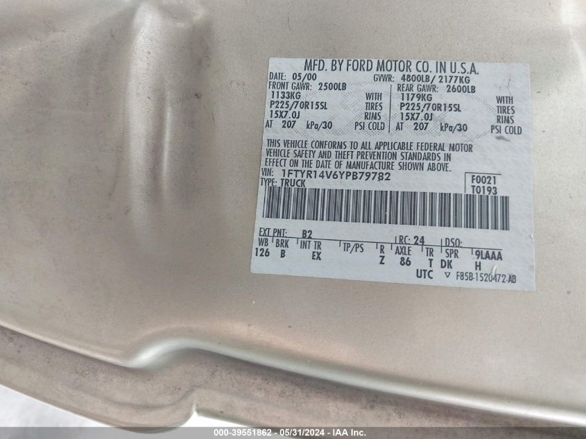 2000 Ford Ranger Xl/Xlt VIN: 1FTYR14V6YPB79782 Lot: 39551862