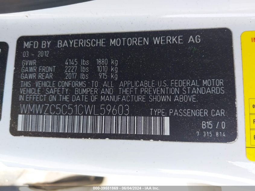 2012 Mini Cooper S Countryman VIN: WMWZC5C51CWL59603 Lot: 39551869