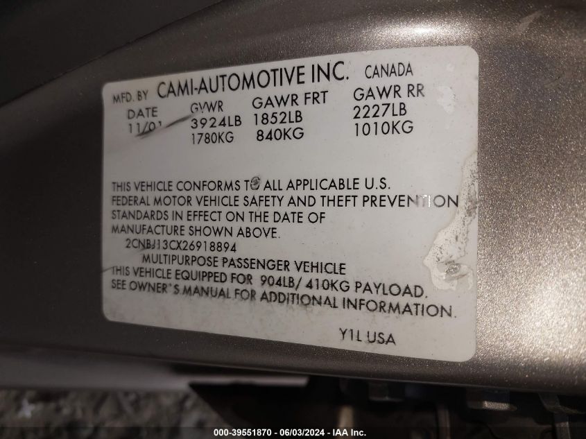 2002 Chevrolet Tracker VIN: 2CNBJ13CX26918894 Lot: 39551870