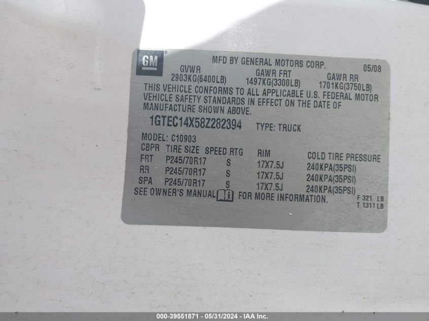 2008 GMC Sierra 1500 Work Truck VIN: 1GTEC14X58Z282394 Lot: 39551871