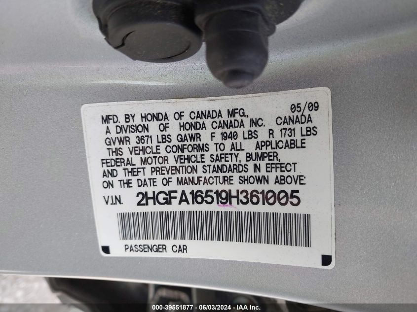 2009 Honda Civic Lx VIN: 2HGFA16519H361005 Lot: 39551877
