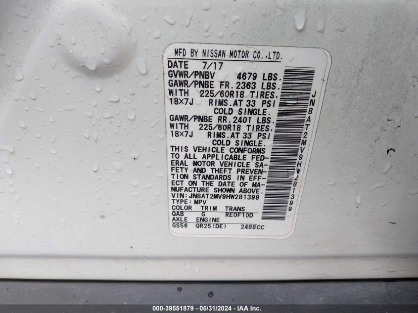 2017 Nissan Rogue Sl VIN: JN8AT2MV9HW281399 Lot: 39551879