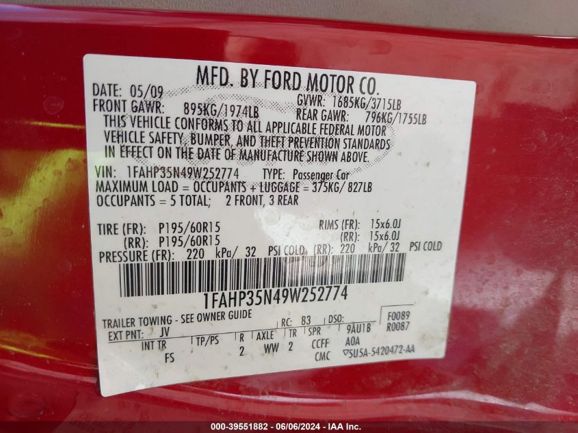 2009 Ford Focus Se VIN: 1FAHP35N49W252774 Lot: 39551882
