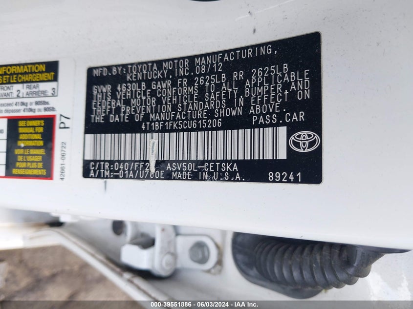 2012 Toyota Camry Se VIN: 4T1BF1FK5CU615206 Lot: 39551886