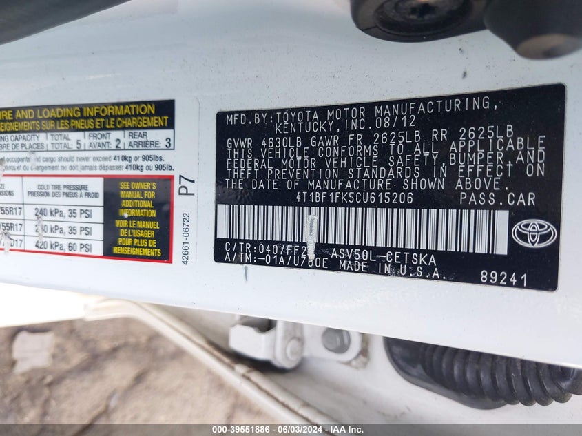 2012 Toyota Camry Se VIN: 4T1BF1FK5CU615206 Lot: 39551886