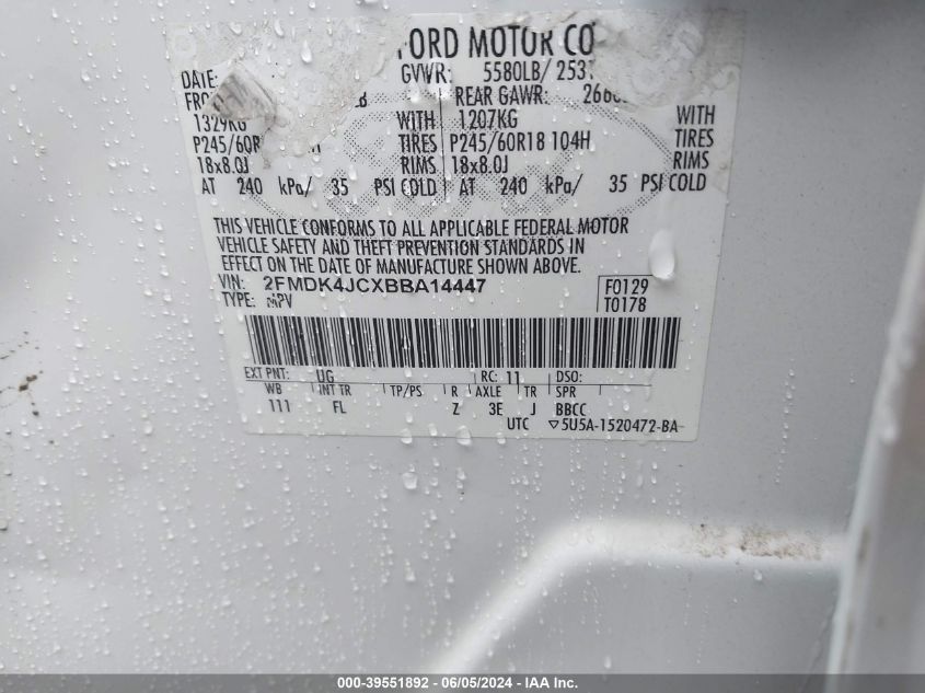 2011 Ford Edge Sel VIN: 2FMDK4JCXBBA14447 Lot: 39551892