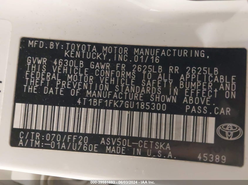 2016 Toyota Camry Se VIN: 4T1BF1FK7GU185300 Lot: 39551893
