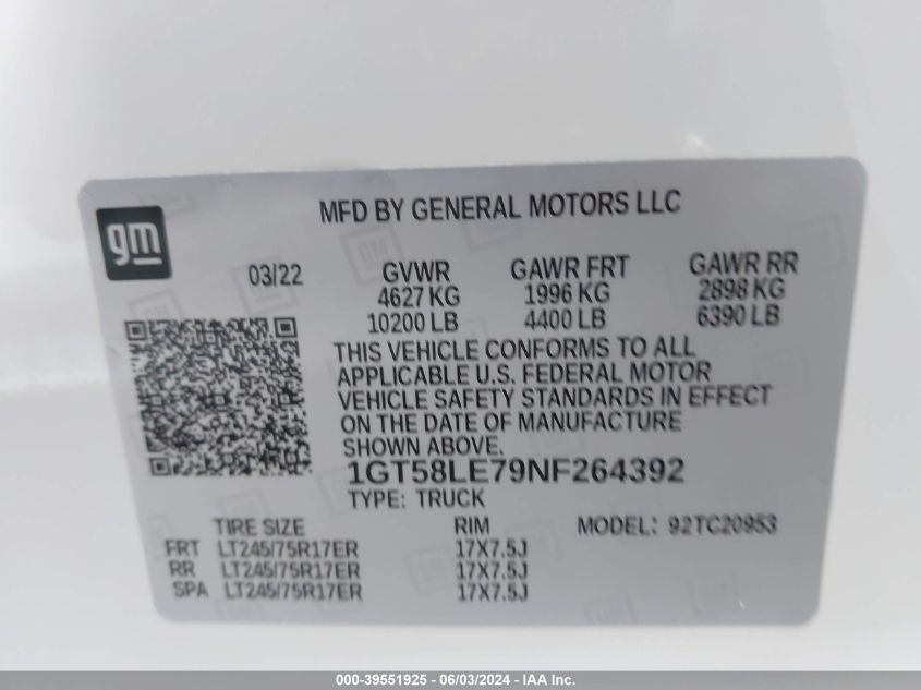 2022 GMC Sierra 2500Hd 2Wd Double Cab Long Bed Pro VIN: 1GT58LE79NF264392 Lot: 39551925