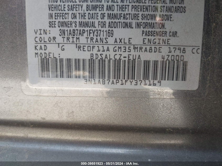 2015 Nissan Sentra S VIN: 3N1AB7AP1FY371169 Lot: 39551923