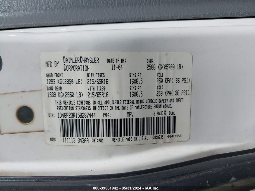 2005 Dodge Grand Caravan Cv VIN: 1D4GP23R15B287444 Lot: 39551942