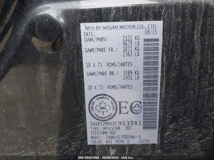 2015 Nissan Rogue S/Sl/Sv VIN: 5N1AT2MVXFC913381 Lot: 39551945