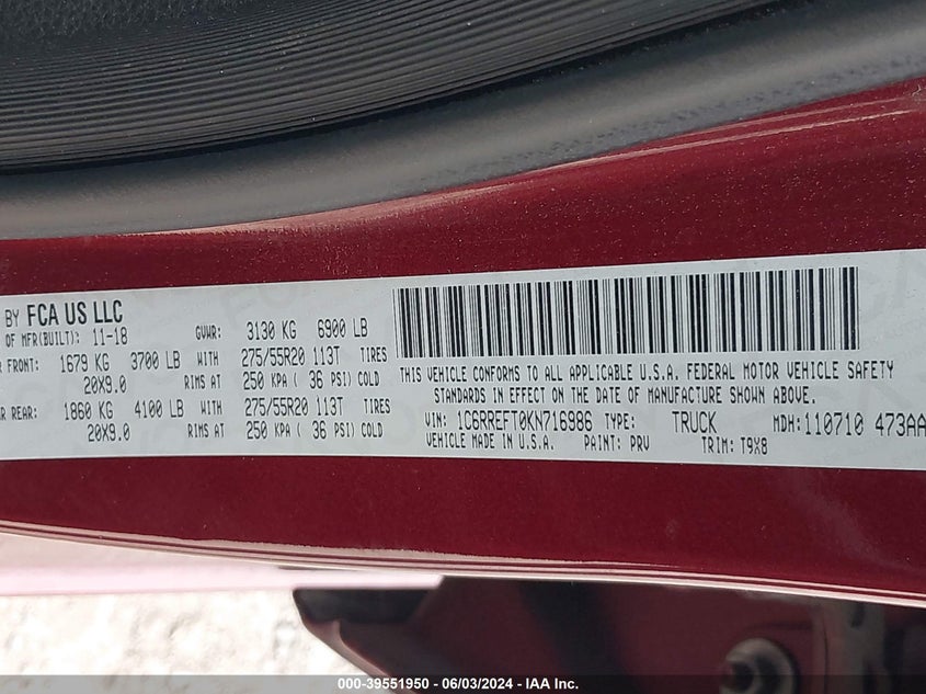 2019 RAM 1500 BIG HORN/LONE STAR - 1C6RREFT0KN716986