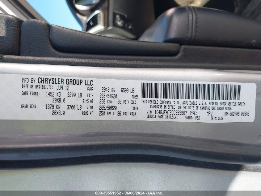 2012 Jeep Grand Cherokee Laredo VIN: 1C4RJFAT2CC353987 Lot: 39551952