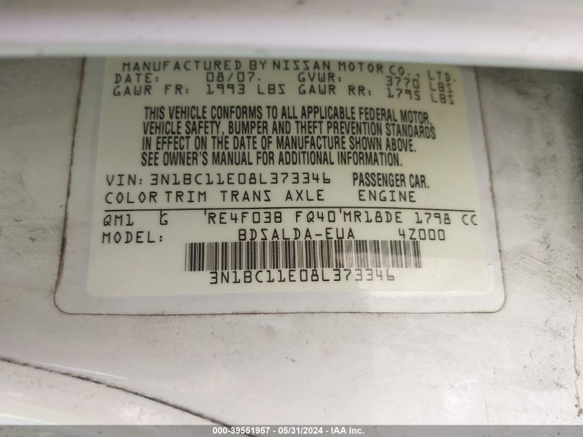 2008 Nissan Versa 1.8S VIN: 3N1BC11E08L373346 Lot: 39551957