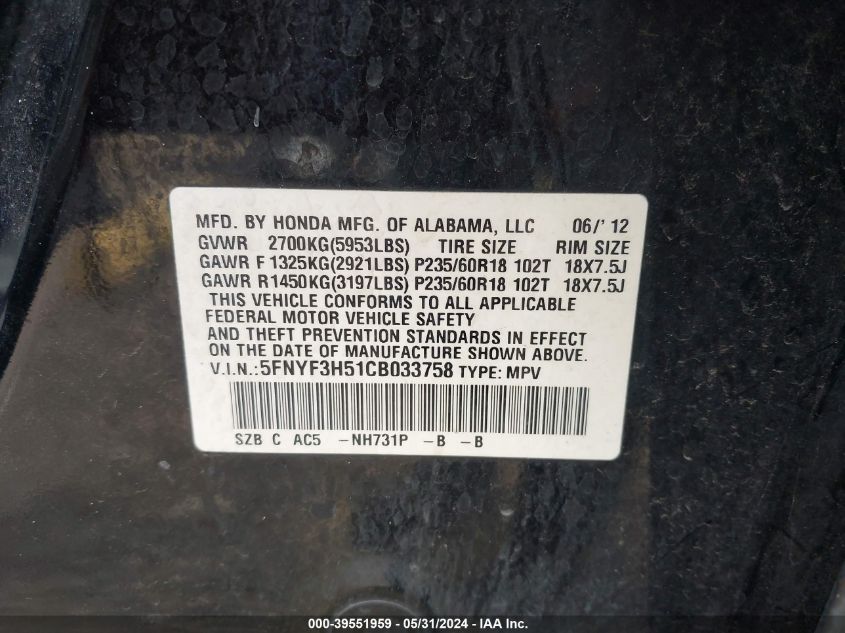 2012 Honda Pilot Ex-L VIN: 5FNYF3H51CB033758 Lot: 39551959