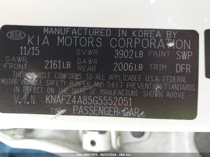 2016 Kia Forte Ex VIN: KNAFZ4A85G5552051 Lot: 39551970