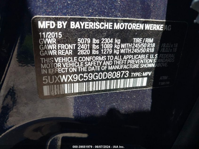 2016 BMW X3 xDrive28I VIN: 5UXWX9C59G0D80873 Lot: 39551979