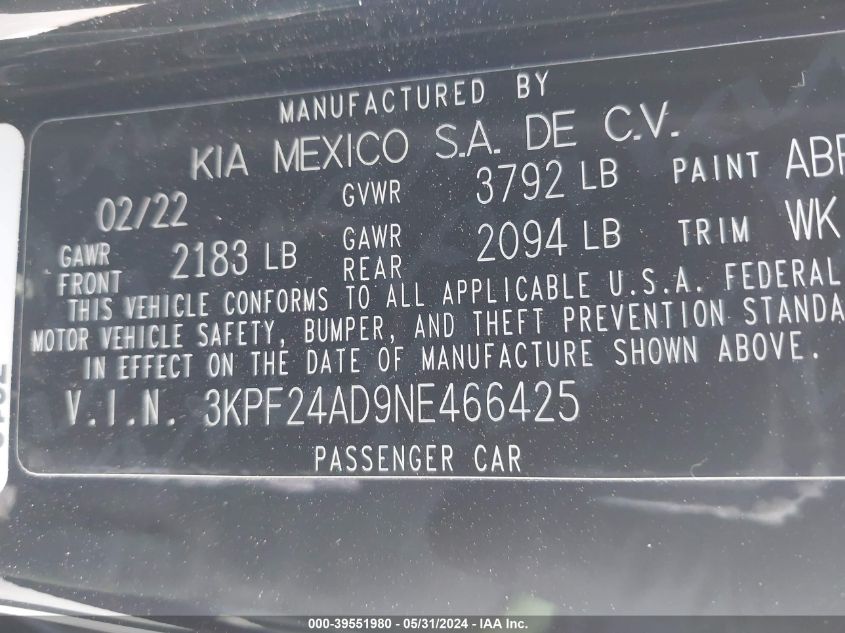2022 Kia Forte Lxs VIN: 3KPF24AD9NE466425 Lot: 39551980