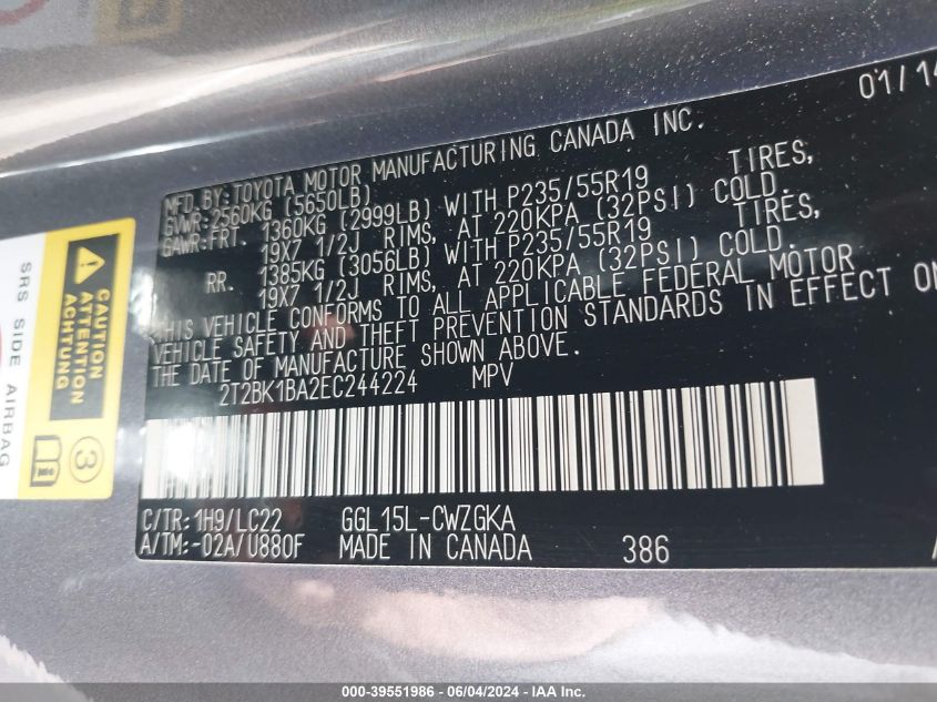 2014 Lexus Rx 350 F Sport VIN: 2T2BK1BA2EC244224 Lot: 39551986