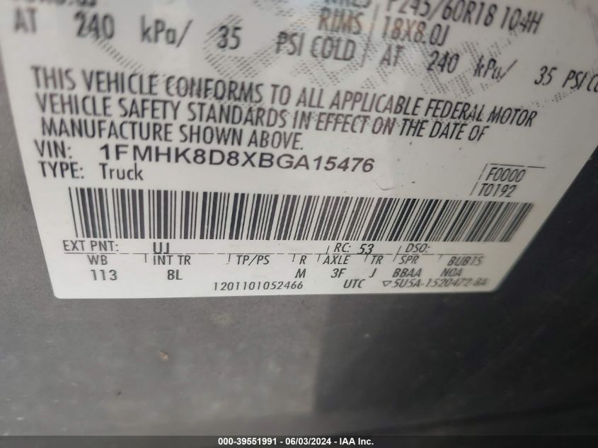 2011 Ford Explorer Xlt VIN: 1FMHK8D8XBGA15476 Lot: 39551991