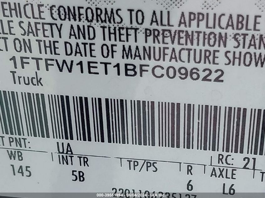 2011 Ford F-150 Fx4 VIN: 1FTFW1ET1BFC09622 Lot: 39551994