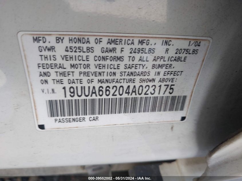 2004 Acura Tl VIN: 19UUA66204A023175 Lot: 39552002