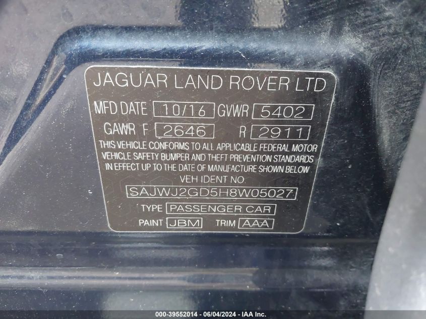 2017 Jaguar Xj Xjl Portfolio VIN: SAJWJ2GD5H8W05027 Lot: 39552014