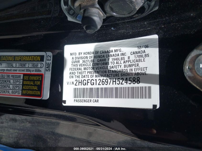 2007 Honda Civic Lx VIN: 2HGFG12697H524588 Lot: 39552021