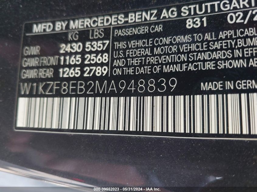 2021 Mercedes-Benz E 350 4Matic VIN: W1KZF8EB2MA948839 Lot: 39552023