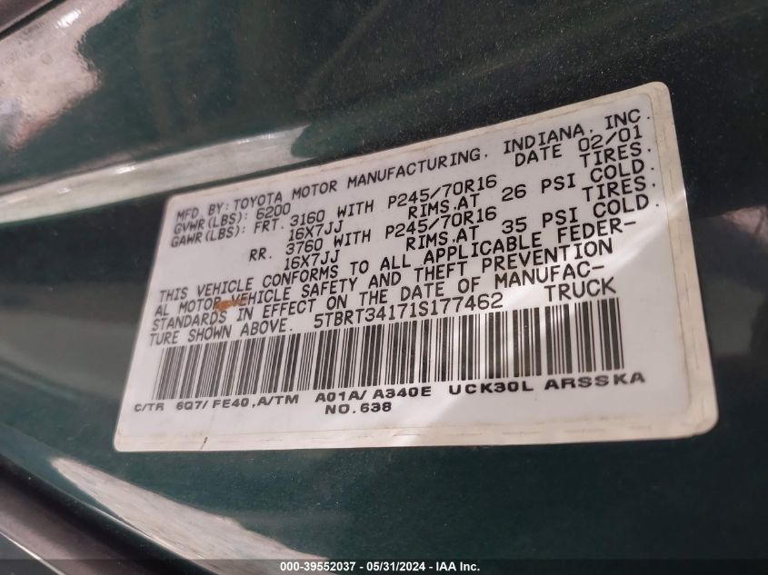 5TBRT34171S177462 2001 Toyota Tundra Sr5 V8