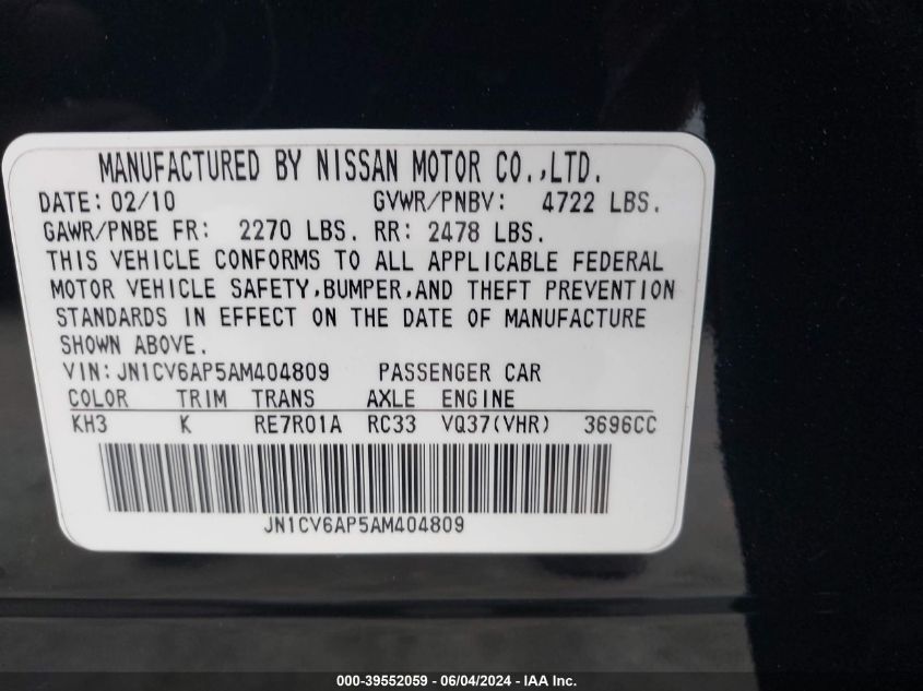 2010 Infiniti G37 Journey VIN: JN1CV6AP5AM404809 Lot: 39552059