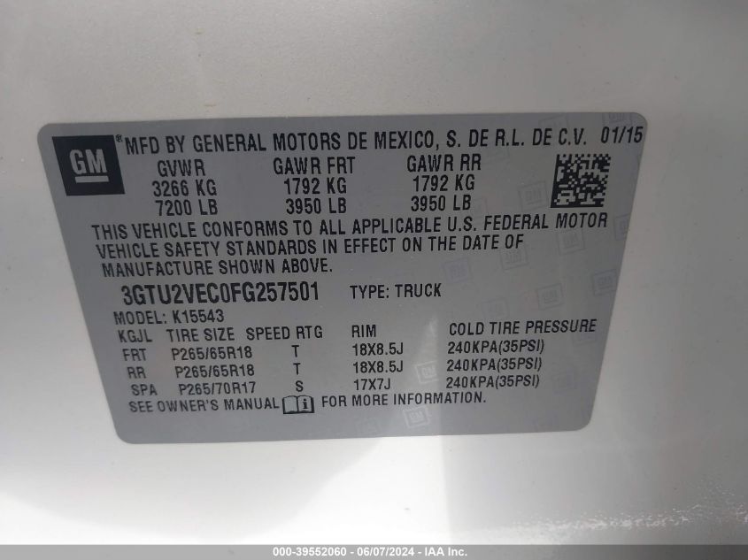 2015 GMC Sierra 1500 Slt VIN: 3GTU2VEC0FG257501 Lot: 39552060