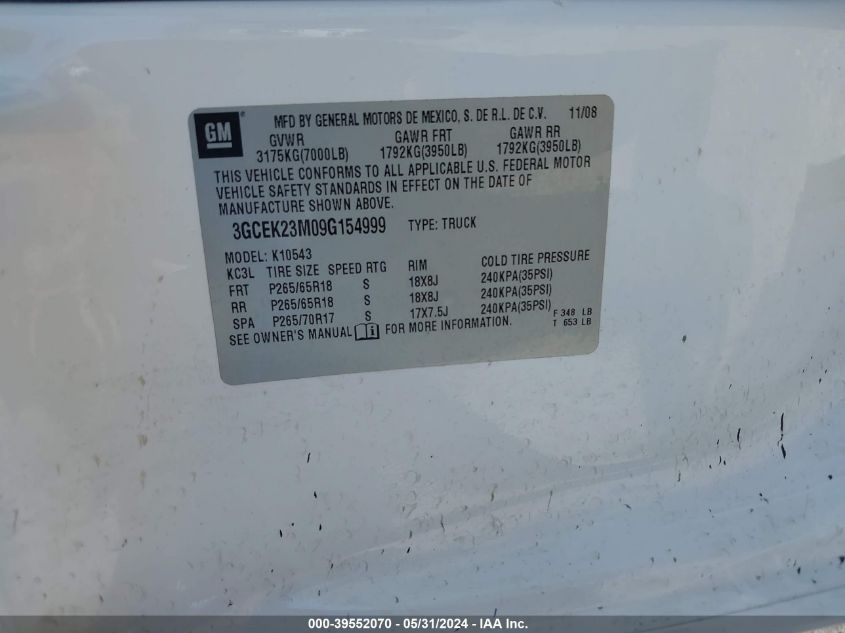 2009 Chevrolet Silverado 1500 Lt VIN: 3GCEK23M09G154999 Lot: 39552070