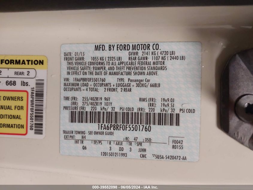 2015 Ford Mustang Gt 50 Years Limited Edition VIN: 1FA6P8RF0F5501760 Lot: 39552098