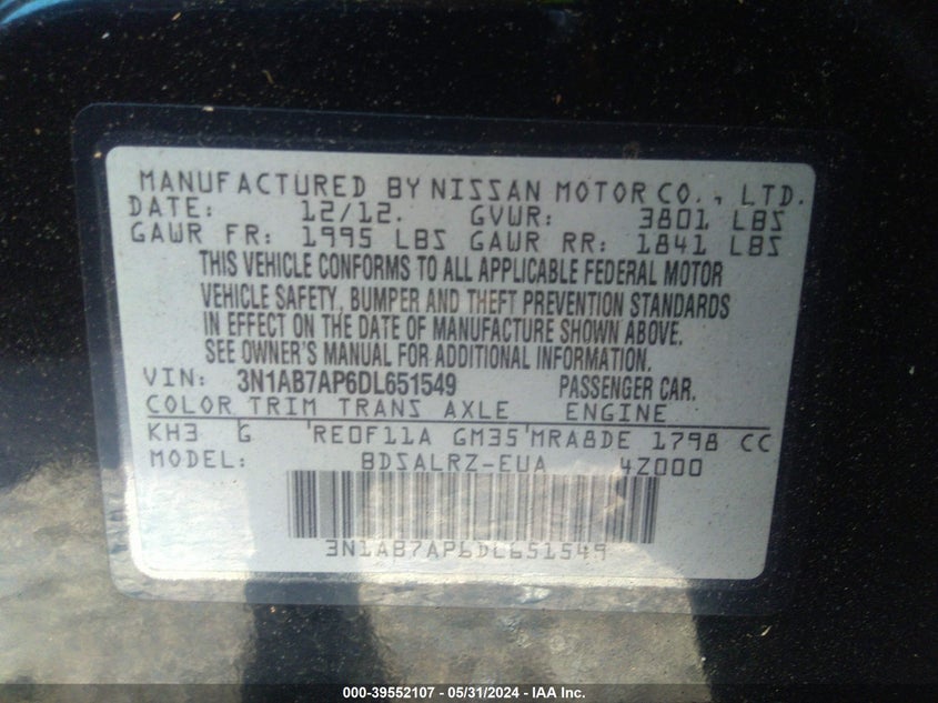 2013 Nissan Sentra Sr VIN: 3N1AB7AP6DL651549 Lot: 39552107