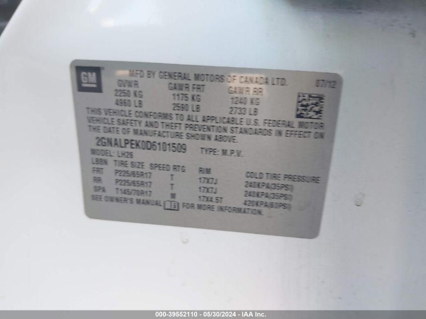 2013 Chevrolet Equinox Lt VIN: 2GNALPEK0D6101509 Lot: 39552110