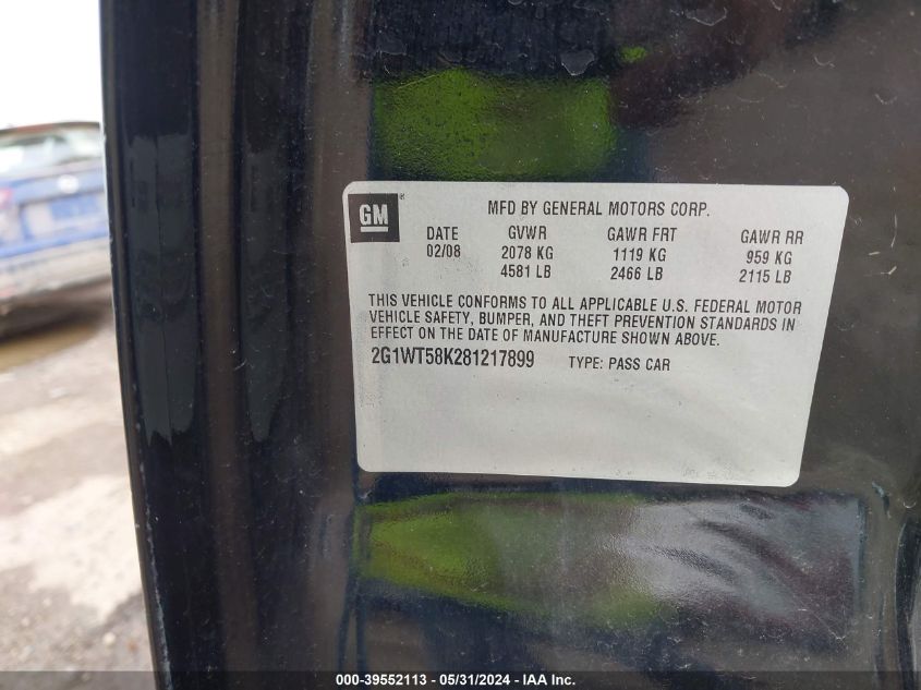 2008 Chevrolet Impala Lt VIN: 2G1WT58K281217899 Lot: 39552113