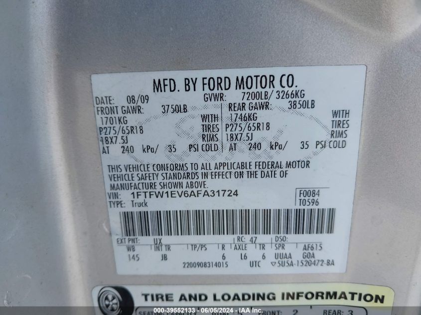2010 Ford F-150 Fx4/Harley-Davidson/King Ranch/Lariat/Platinum/Xl/Xlt VIN: 1FTFW1EV6AFA31724 Lot: 39552133